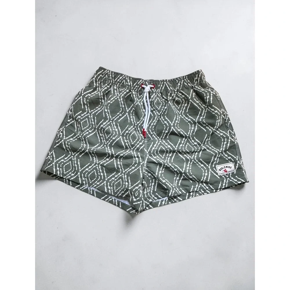 World Wide Beach Party Swim Trunks Mens Medium Olive Green Geometric Shorts